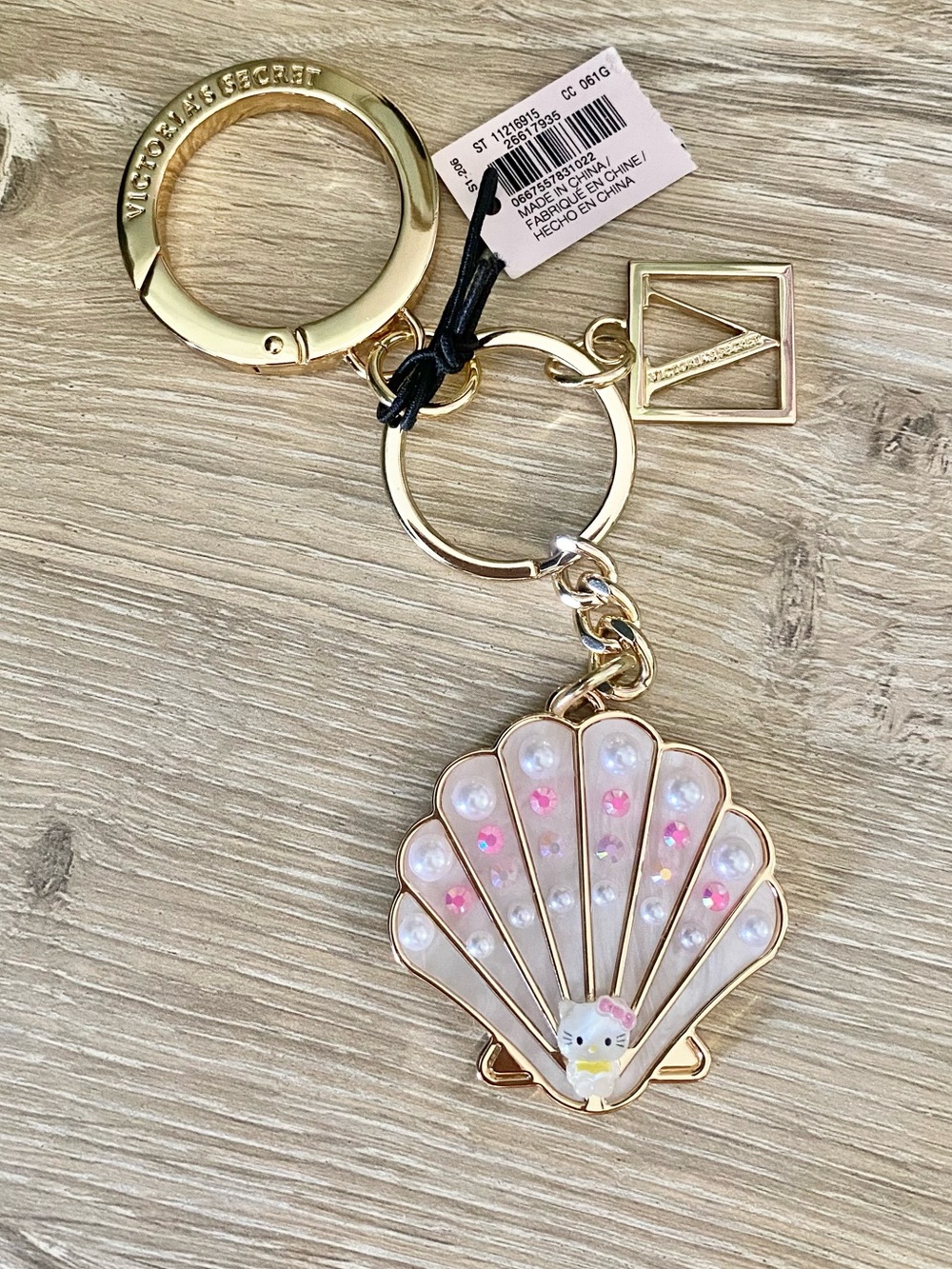 Victoria's Secret Gold & Pink Shell Key Ring with Charms